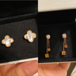 Two Sets of Earrings Clover Leaf Clear Ringstone Stud with Tassels Gold Color